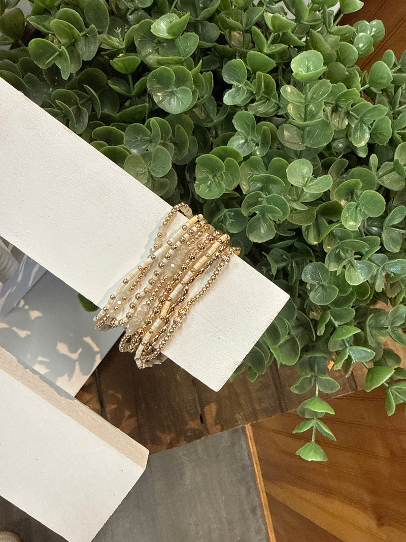 Set Of 8 Natural Seed Bead & Crystal and Gold Stretch Bracelets