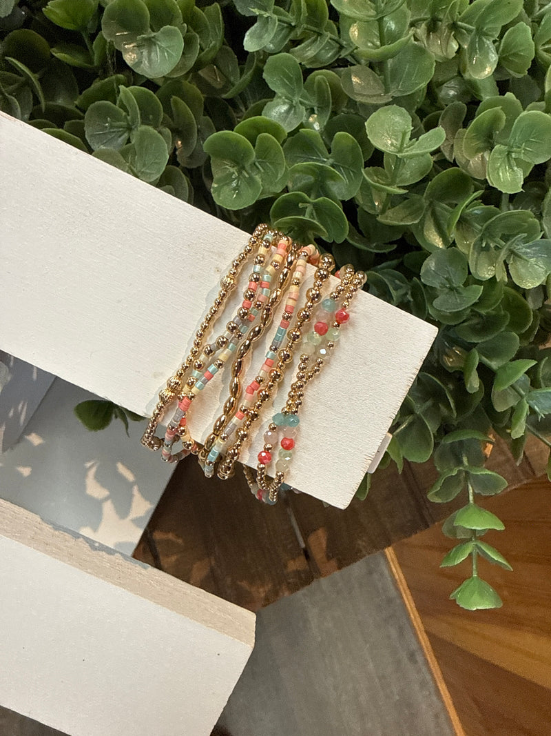 Set Of 8 Multi Seed Bead & Crystal and Gold Stretch Bracelets