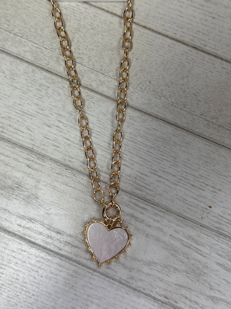 Gold Chain With Studded Pearlized Heart Charm 16-18” Necklace