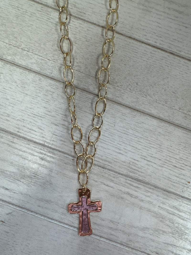 Silver Open Circle Metal With Gold Cross 18” Necklace