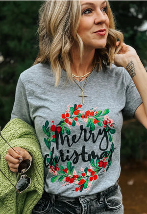 Holly Wreath Merry Christmas V Neck Tee