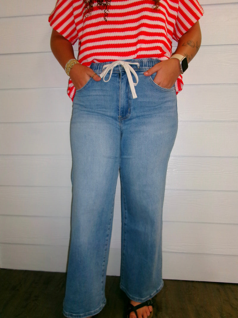 Sandy Super High Drawstring Crop Wide Jeans