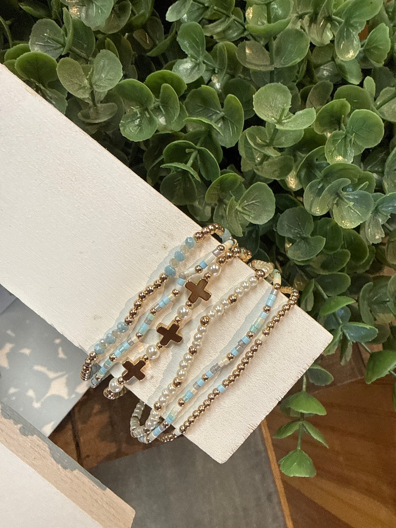 Set Of 5 Turquoise Seed Bead & Gold Cross Stretch Bracelets