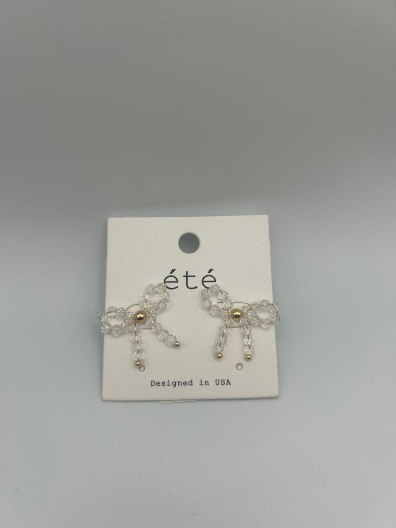 Clear Beaded Bow Earrings