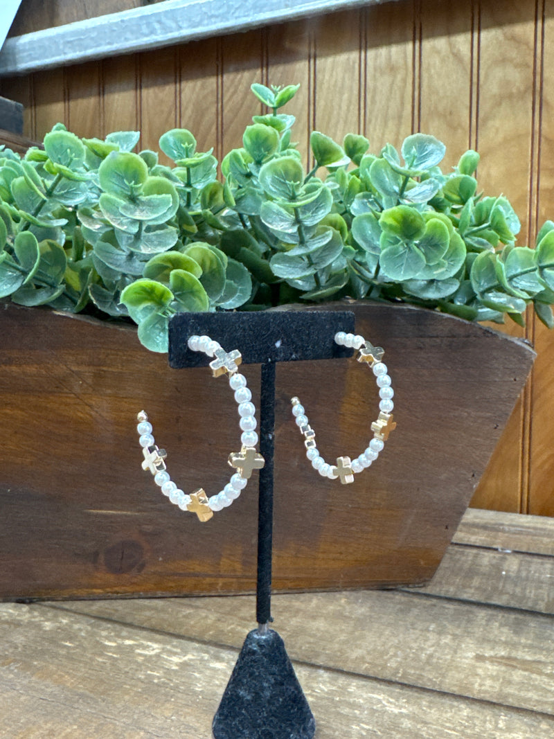 Pearl Hoop With Gold Crosses 2” Earrings