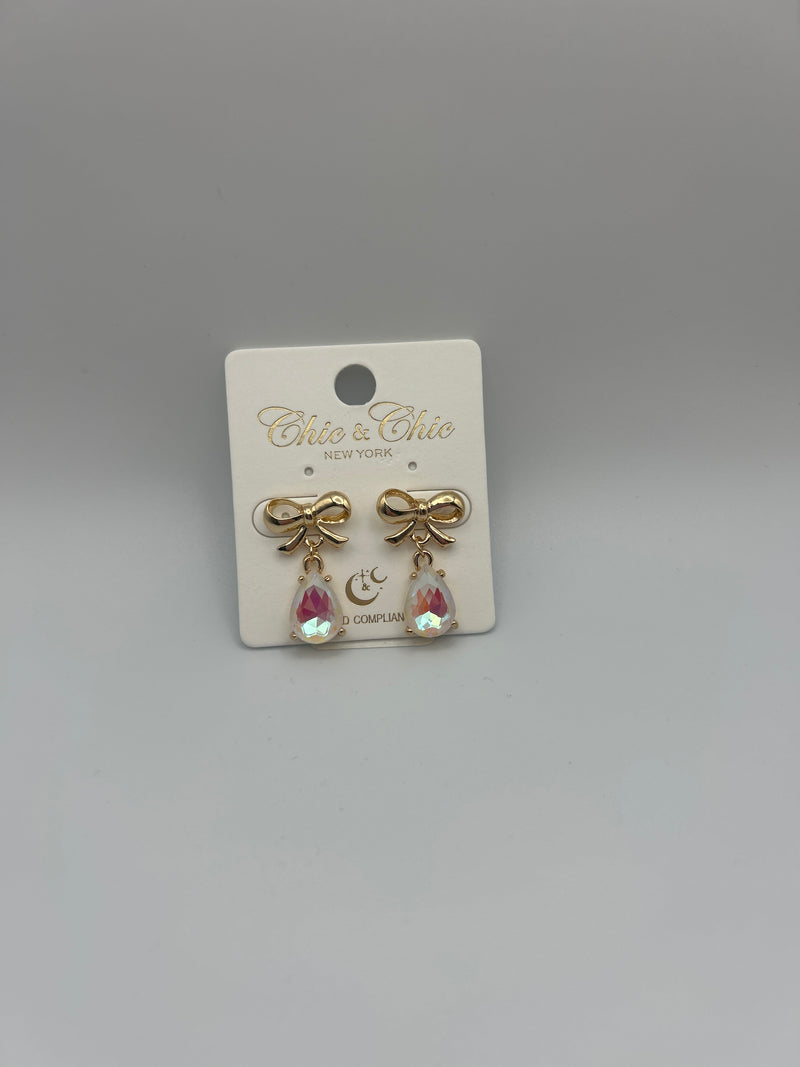 Pink Iridescent Drop Bow Earring