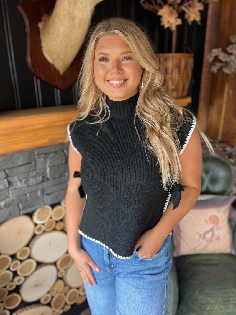 Mock Neck Contrast Side Tie Sweater