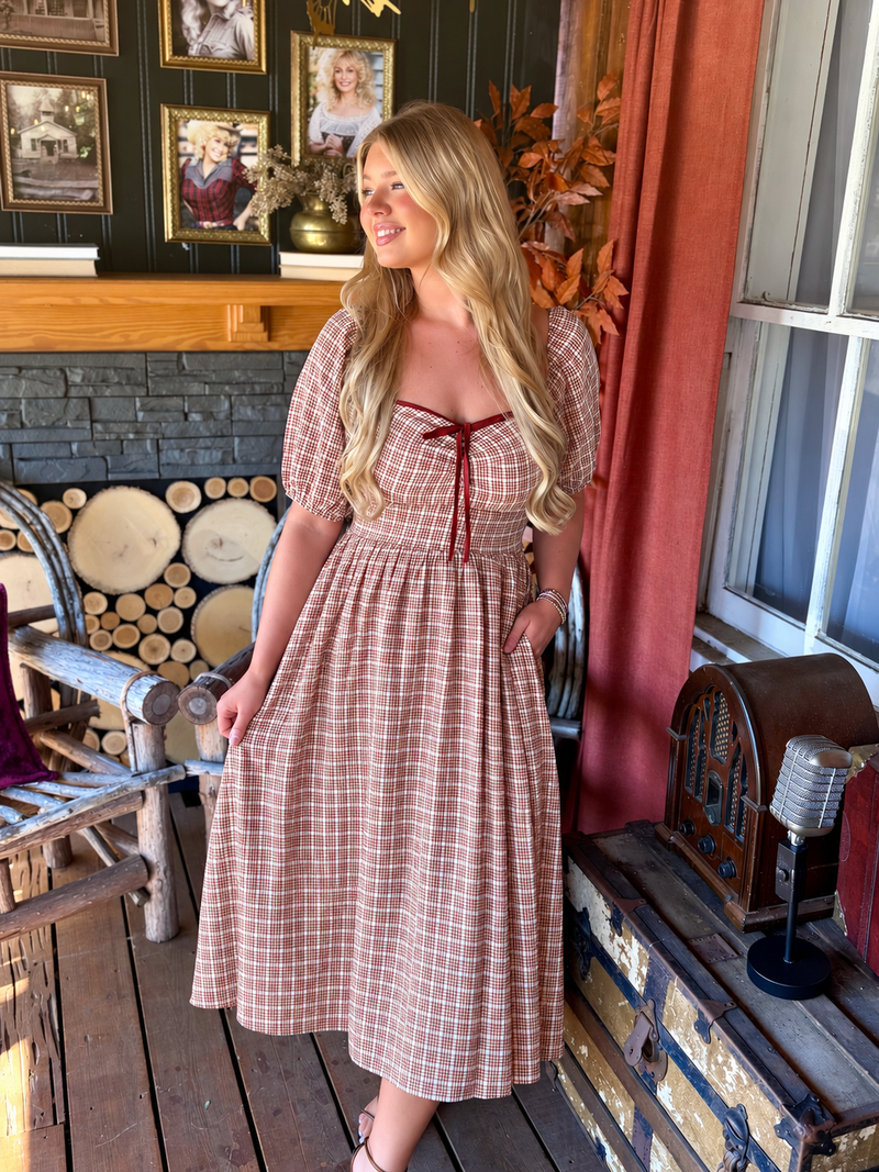 Soft Square Neck Gingham Midi Dress
