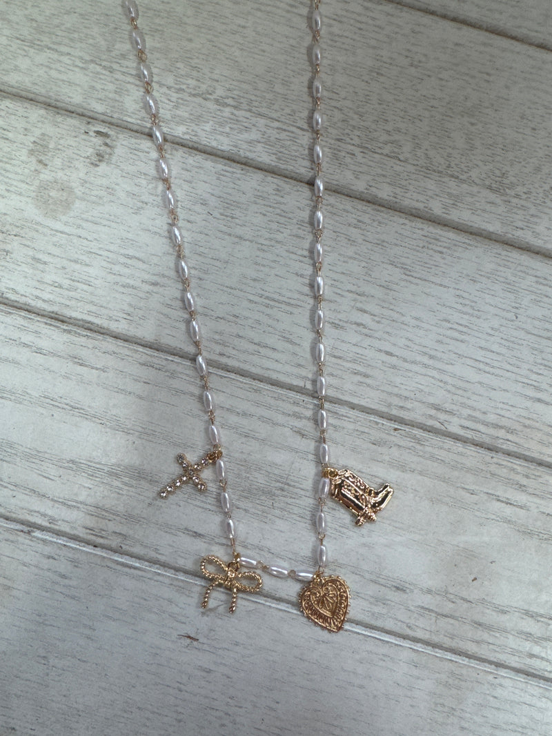 Gold Pearl With Boot, Heart, Bow, & Cross 16-18” Necklace
