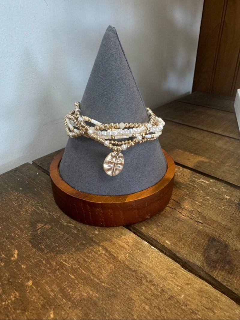 Set Of 6 Pearl & Gold Cross Charm Stretch Bracelets