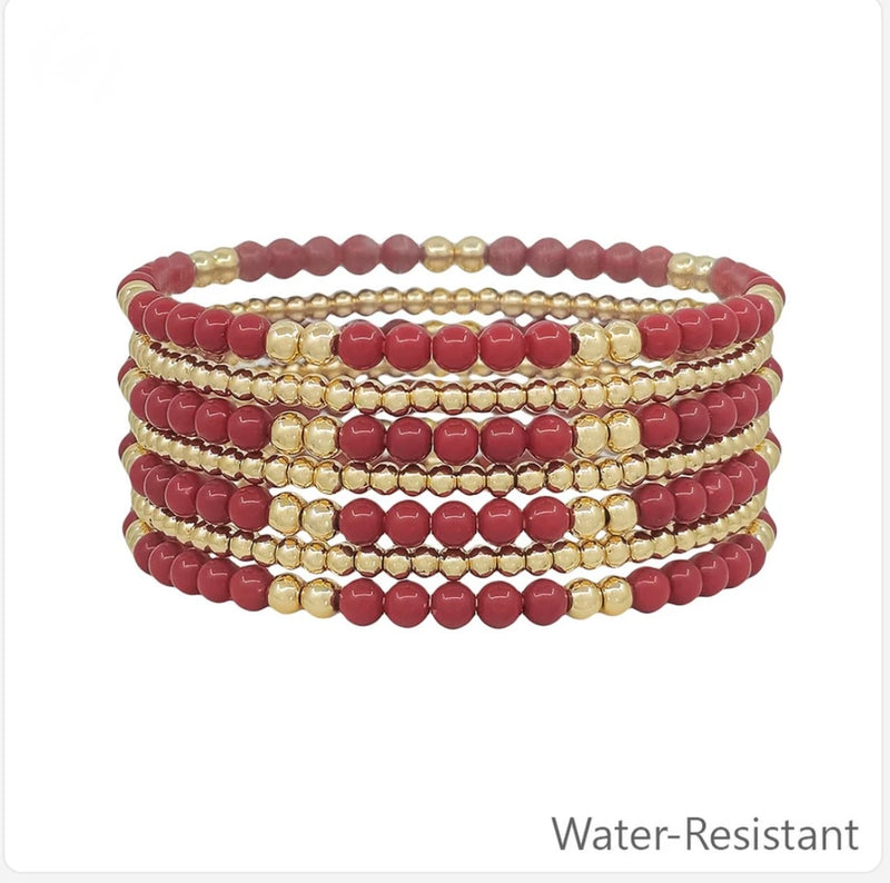 Maroon & Gold Beaded Set of 7 Stretch Bracelets