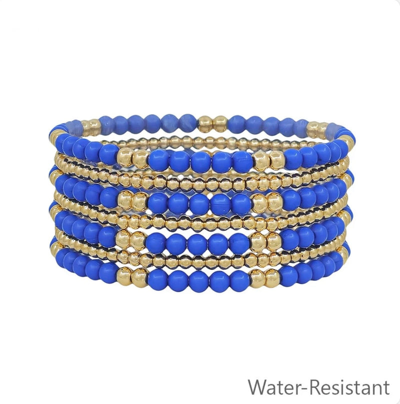 Royal Blue & Gold Beaded Set of 7 Stretch Bracelets