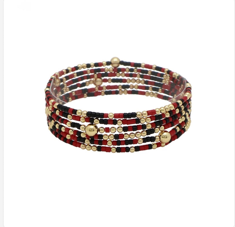 Multi Row Thin Seed Bead Maroon & Black Gameday Stretch Bracelets