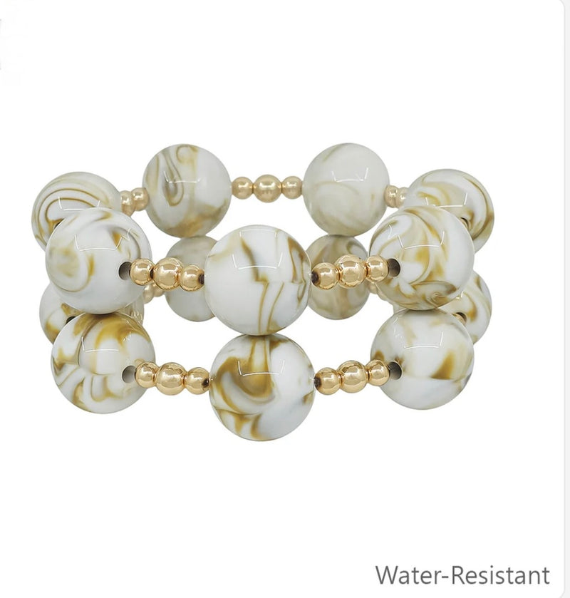 Set of 2 Gold Beaded with 20mm Natural Marbled Stretch Bracelets