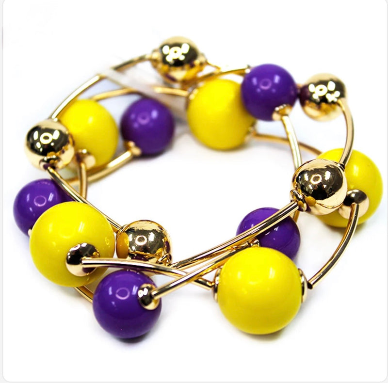 Purple & Yellow  with Gold Ball Set of 2 Stretch Bracelets