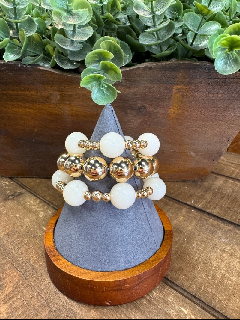 Set of 3 White & Gold 14mm Beaded Bracelet
