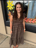 Betty Plaid Smocked V Neck Button Down Midi Dress