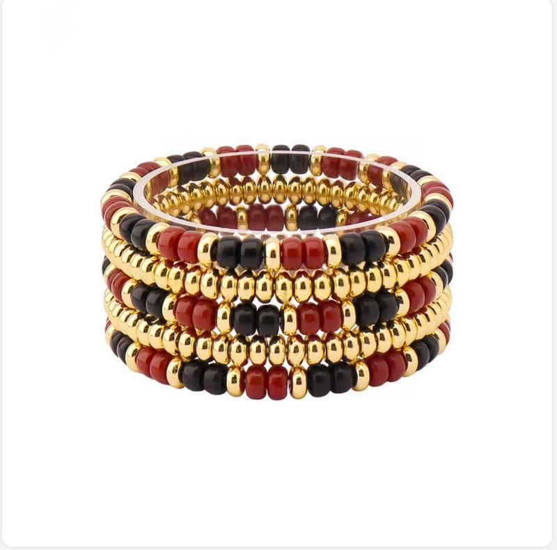 Maroon & Black Beaded with Gold Set of 4 Stretch Bracelets
