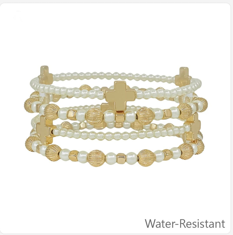 Pearl & Gold Beaded with Cross Set of 4 Stretch Bracelets
