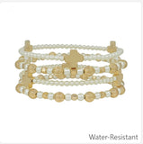 Pearl & Gold Beaded with Cross Set of 4 Stretch Bracelets