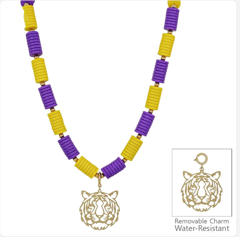 Purple & Yellow Beaded 16”-18” Necklace With Tiger Charm