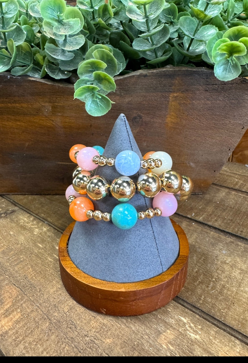 Set Of 3 Multi-Color & Gold Beaded Bracelet
