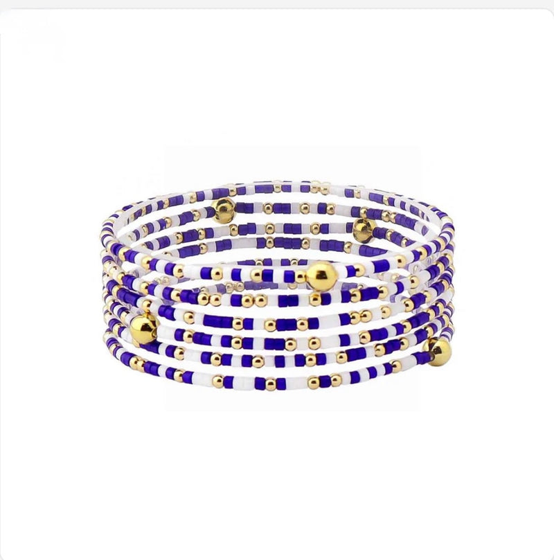 Multi Row Thin Seed Bead Blue & White Gameday Stretch Bracelets
