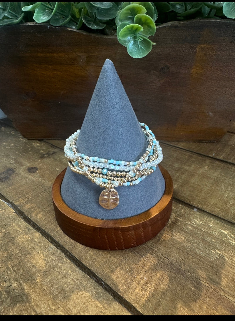 Set Of 6 Turquoise & Gold Cross Stretch Bracelets