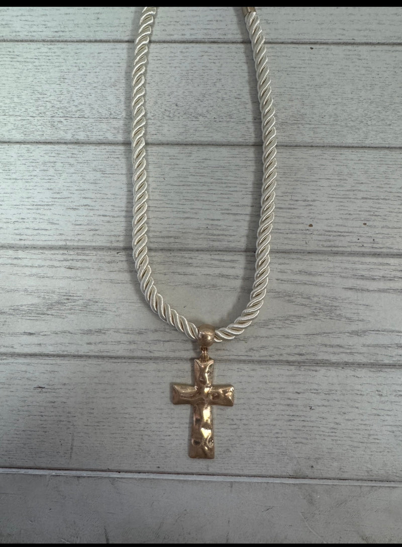 Ivory Cord With Large Gold Cross Necklace