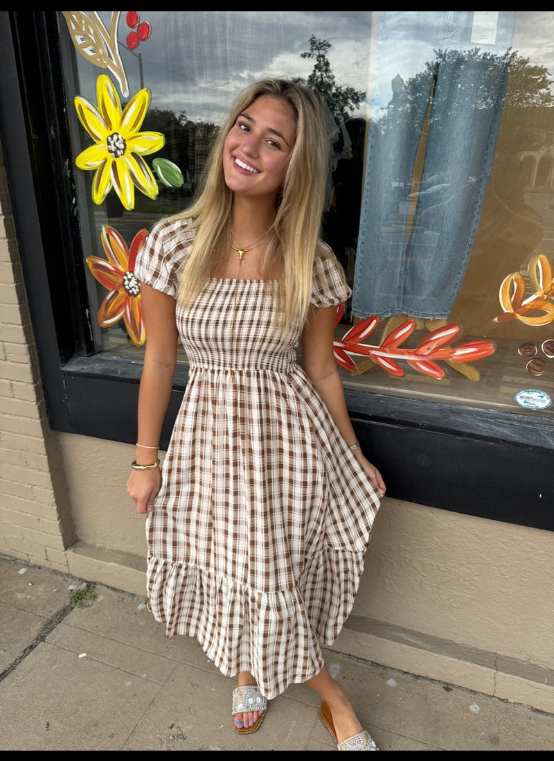 Leslie Plaid Smock Puff Sleeve Midi Dress