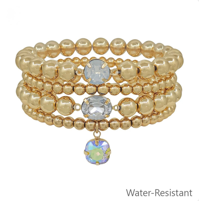 Gold Beaded with Clear Crystal Set of 4 Stretch Bracelets