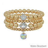 Gold Beaded with Clear Crystal Set of 4 Stretch Bracelets