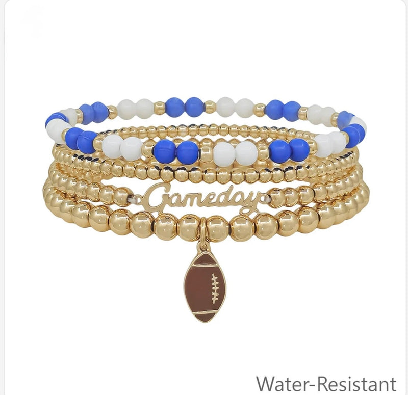 Blue & White with Gold Gameday & Football Charm Stretch Bracelet Set