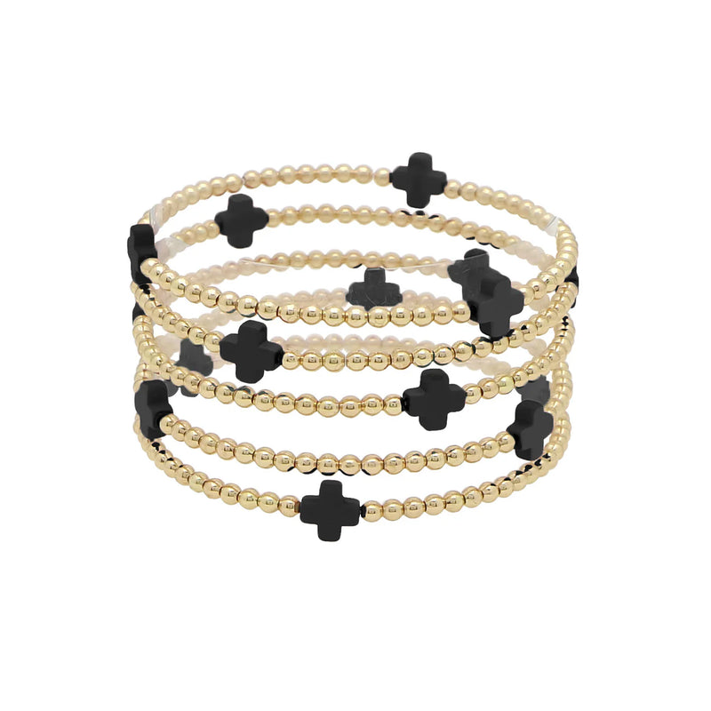 Gold Beaded With Black Cross Set of 5 Stretch Bracelets