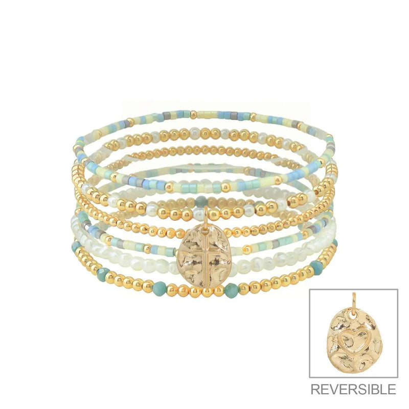 Set of 6 Turquoise Seed, Pearl, & Gold Beaded with Cross Charm Set