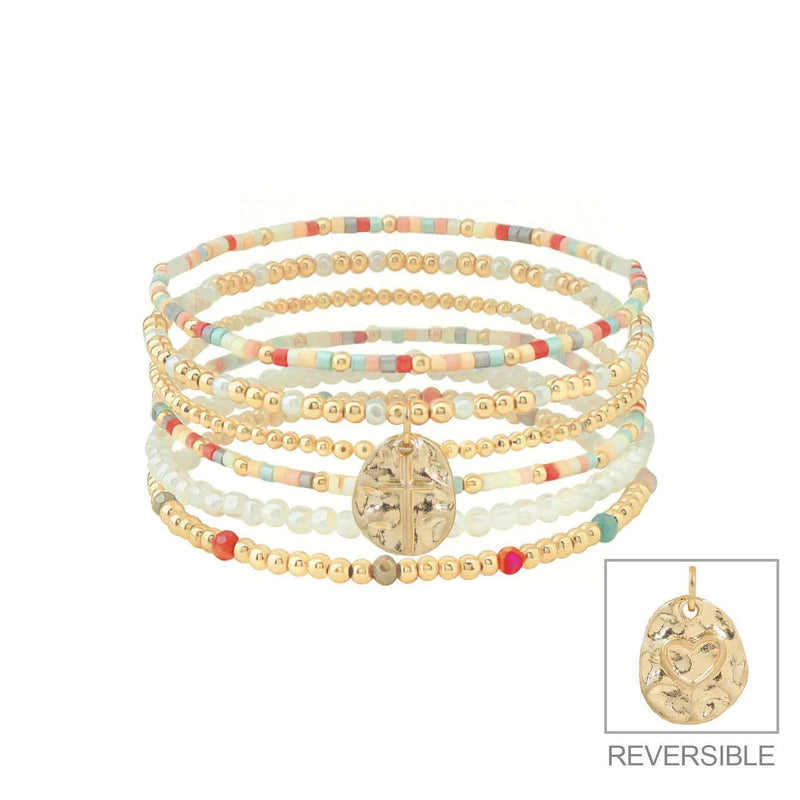 Set of 6 Multi Seed, Pearl, & Gold Beaded with Cross Charm Set