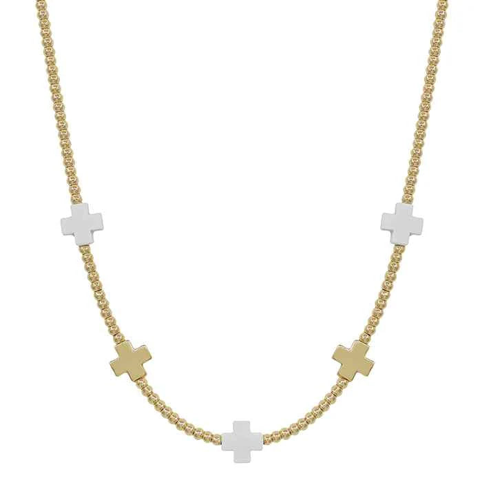Gold Beaded with White & Gold Cross 16”-18” Necklace