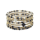 Black Crystal & Gold Beaded Set of 5 with Crosses Stretch Bracelets