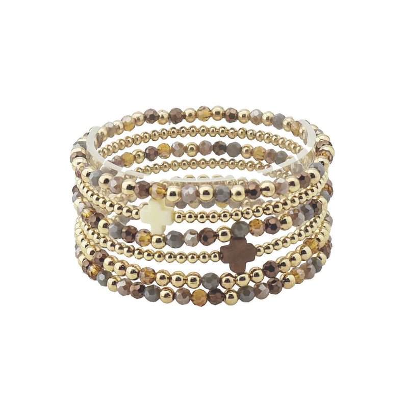 Brown Crystal & Gold Beaded Set of 5 with Crosses Stretch Bracelets