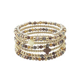 Brown Crystal & Gold Beaded Set of 5 with Crosses Stretch Bracelets
