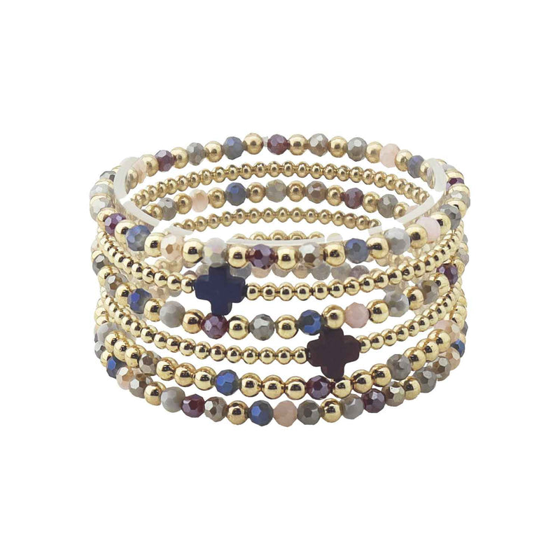 Multi Crystal & Gold Beaded Set of 5 with Crosses Stretch Bracelets