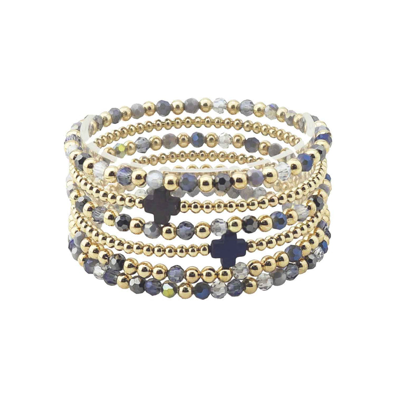 Grey Crystal & Gold Beaded Set of 5 with Crosses Stretch Bracelets