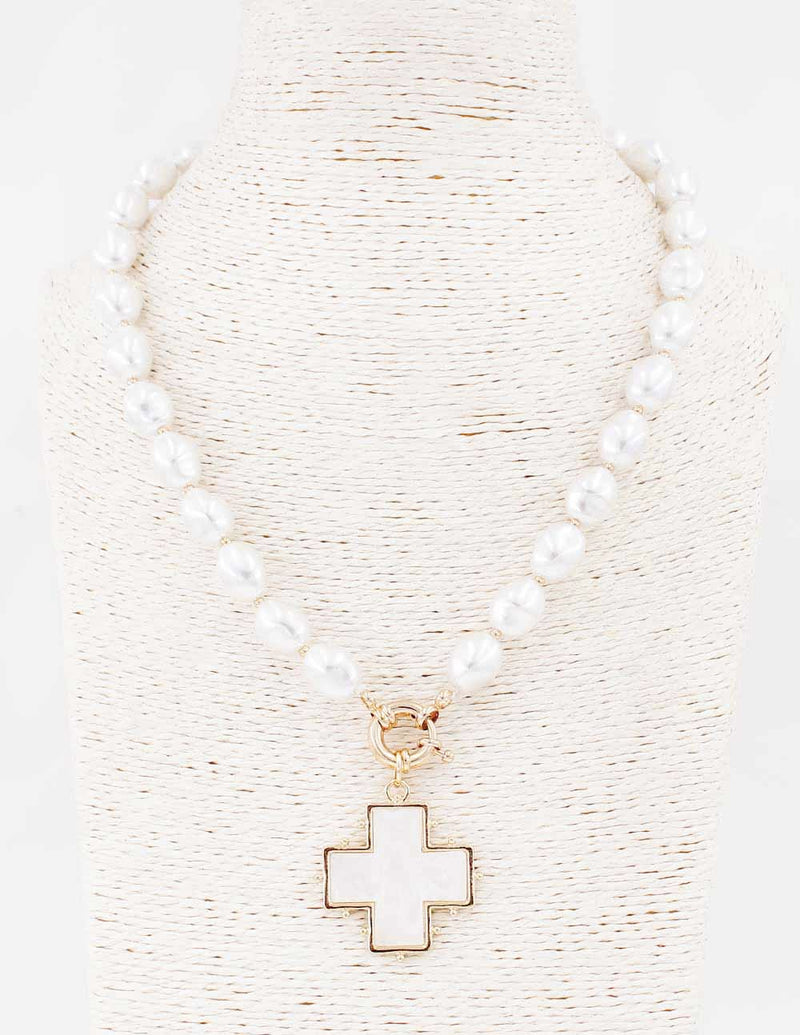 Pearl Acrylic Beaded 18” Necklace with Pearlized Cross