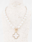 Pearl Acrylic Beaded 18” Necklace with Pearlized Cross