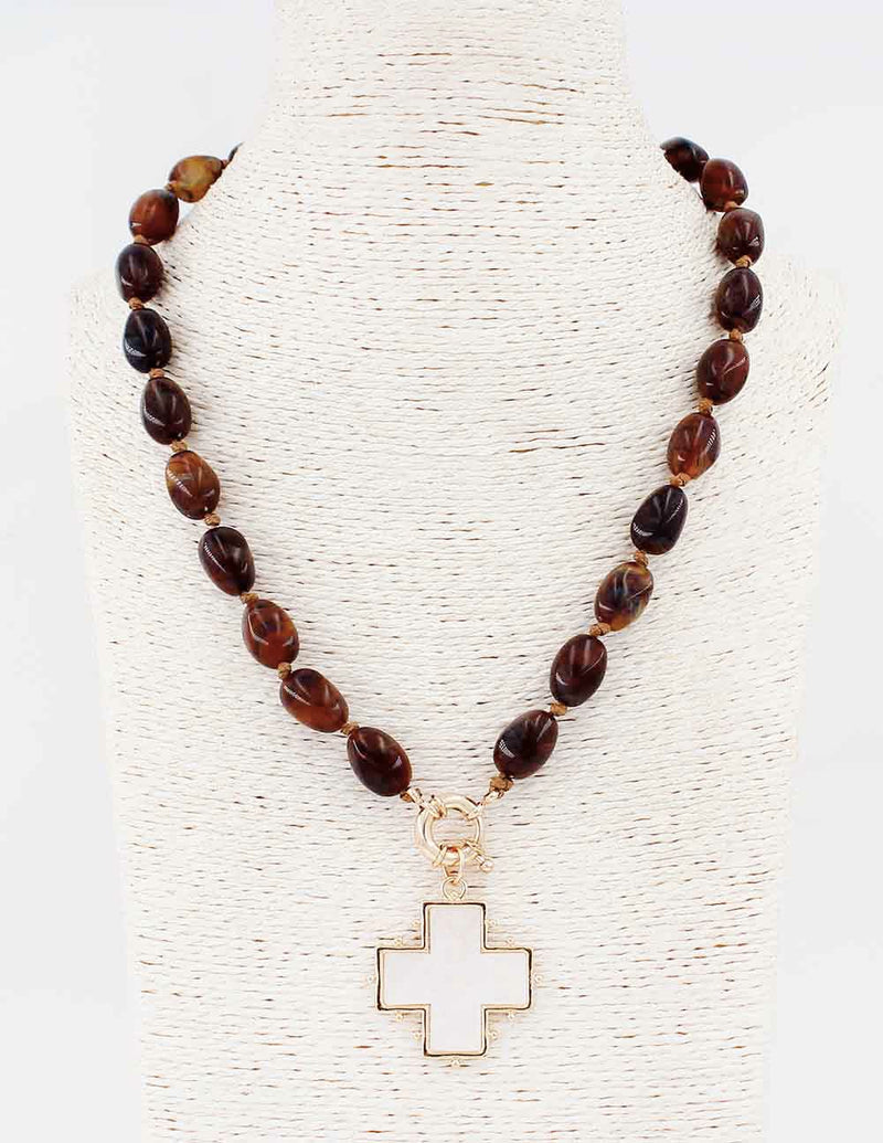 Brown Acrylic Beaded 18” Necklace with Pearlized Cross