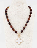 Brown Acrylic Beaded 18” Necklace with Pearlized Cross