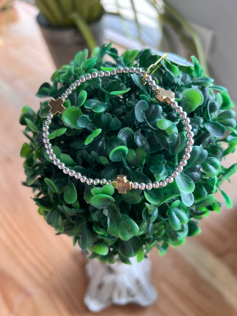 Signature Cross Sterling Mixed Metal Pattern 3mm Bead Bracelet