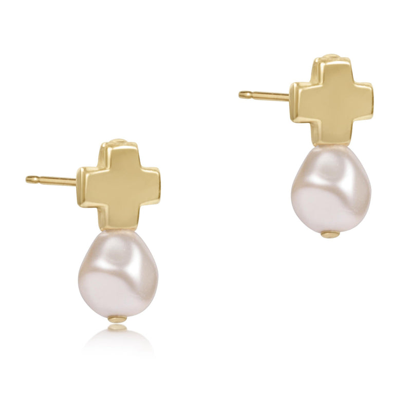 Signature Cross Small Gold Stud- Classic Pearl