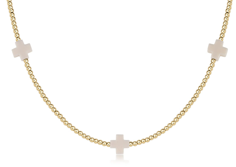 15" CHOKER SIGNATURE CROSS GOLD PATTERN 2MM BEAD - OFF- WHITE
